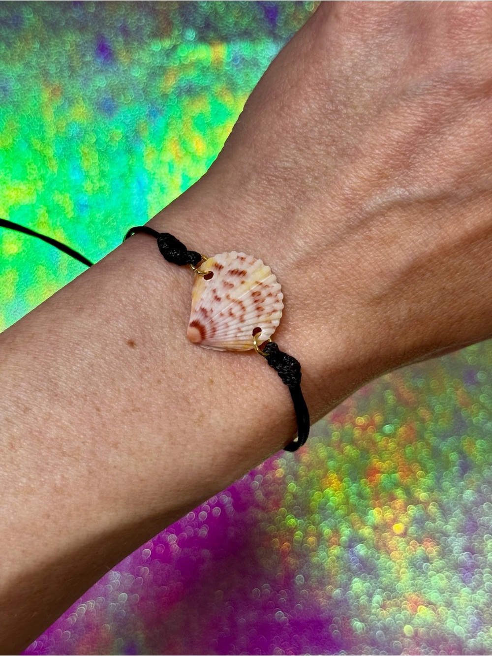 Adjustable Florida Pink & Yellow Calico Scallop Seashell Bracelet w/ Black Cord